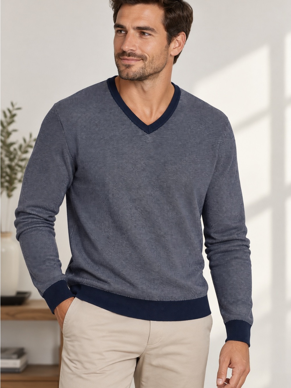 Michael Kors Men’s Large Navy Blue White Birdseye Knit V-Neck Pullover Sweater